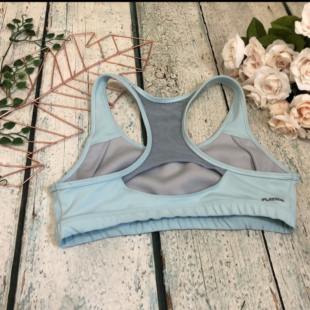 Reebok medium sports bra light blue activewear black racerback yoga fitness run - Picture 5 of 5